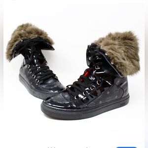MCM Black Leather High Top Sneaker/Boots with Fur Trim